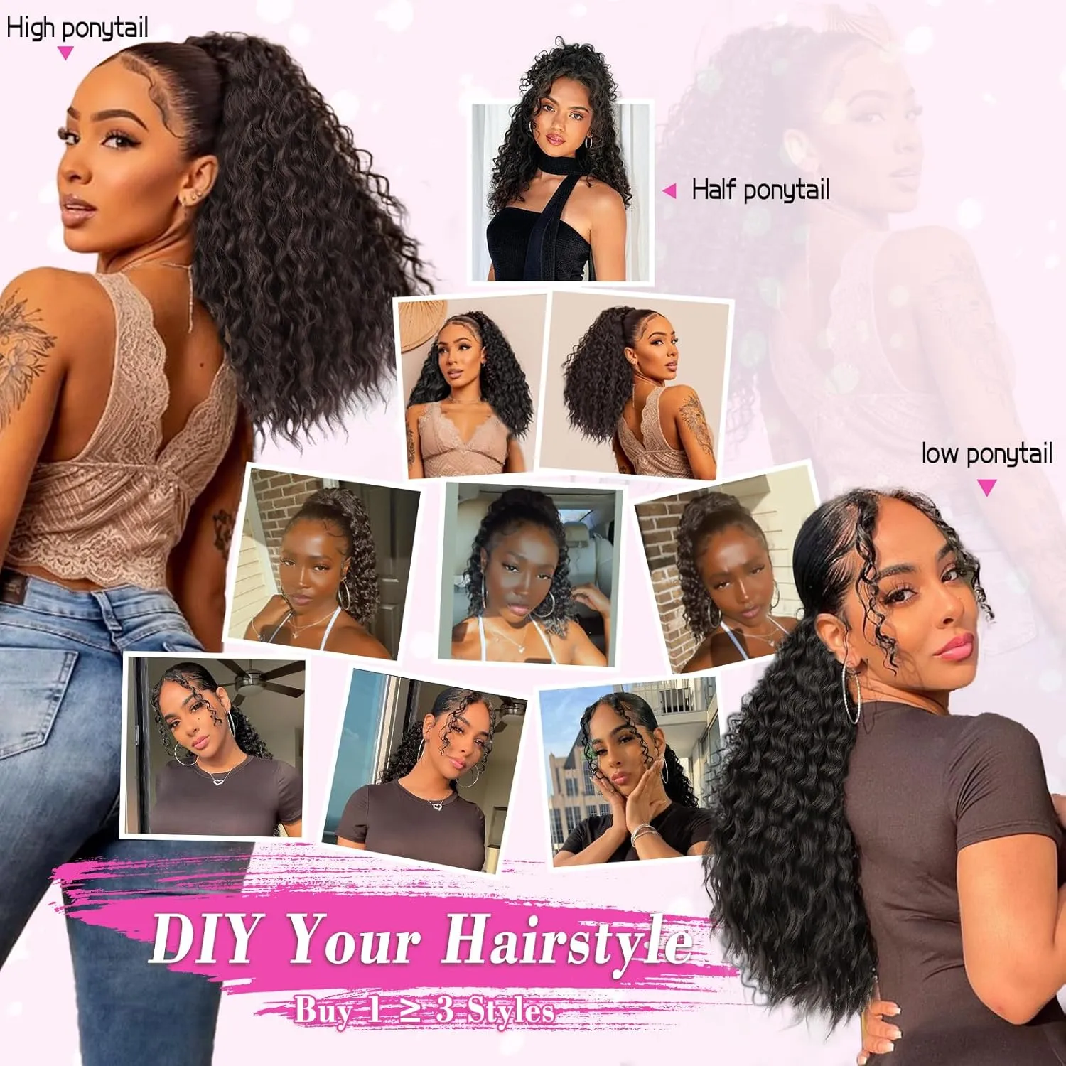 QGZ Ponytail Extension Drawstring Ponytail for Black Women 18 Inch Synthetic Long Afro Curly Fluffy Ponytail for Daily Use(Black Brown)