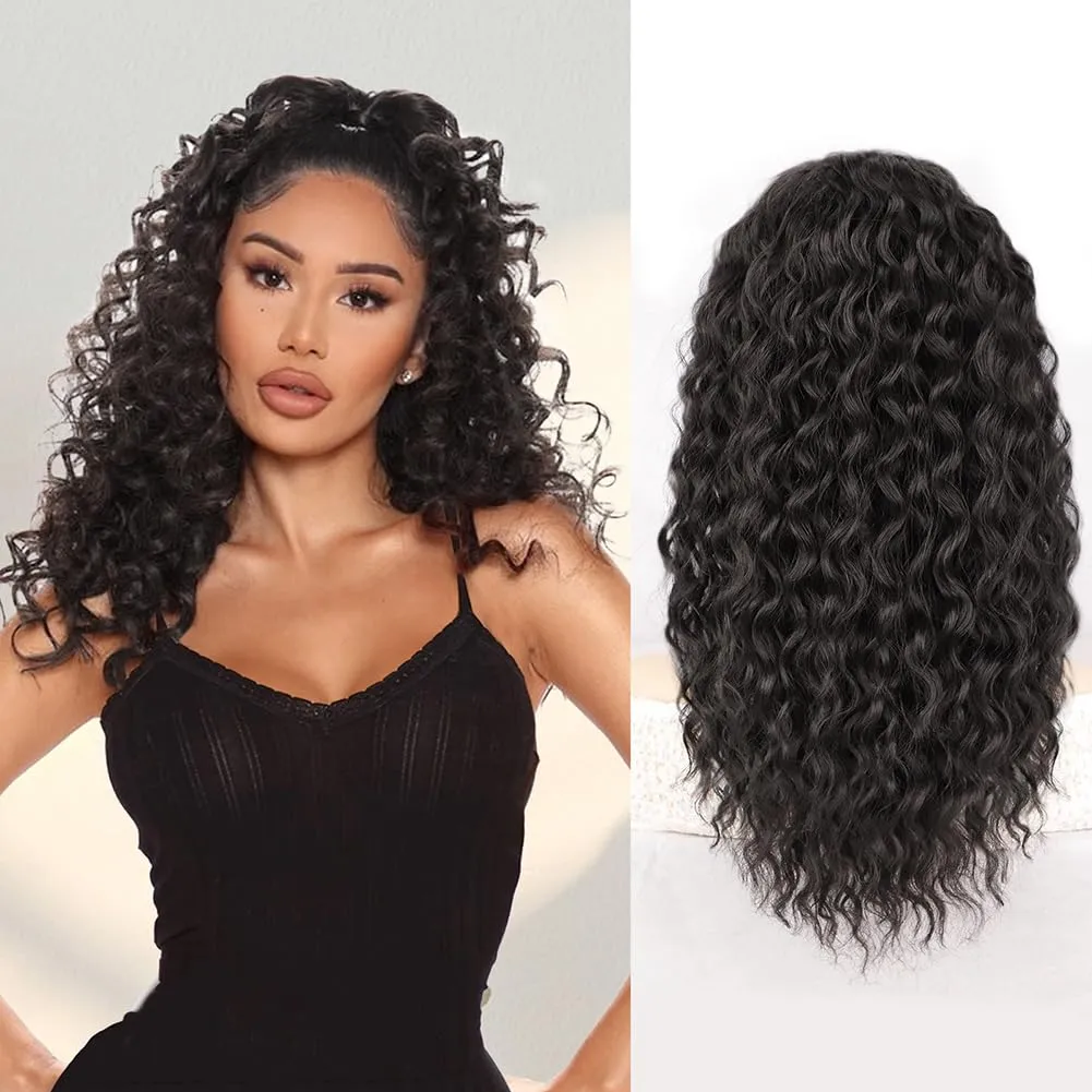 QGZ Ponytail Extension Drawstring Ponytail for Black Women 18 Inch Synthetic Long Afro Curly Fluffy Ponytail for Daily Use(Black Brown)