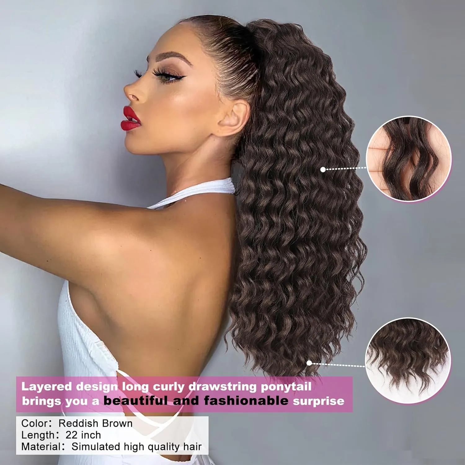 QGZ Ponytail Extension Drawstring Ponytail for Black Women 22 Inch Synthetic Long Curly Fluffy Pony Tails Hair Extensions for Daily Use(Reddish Brown)