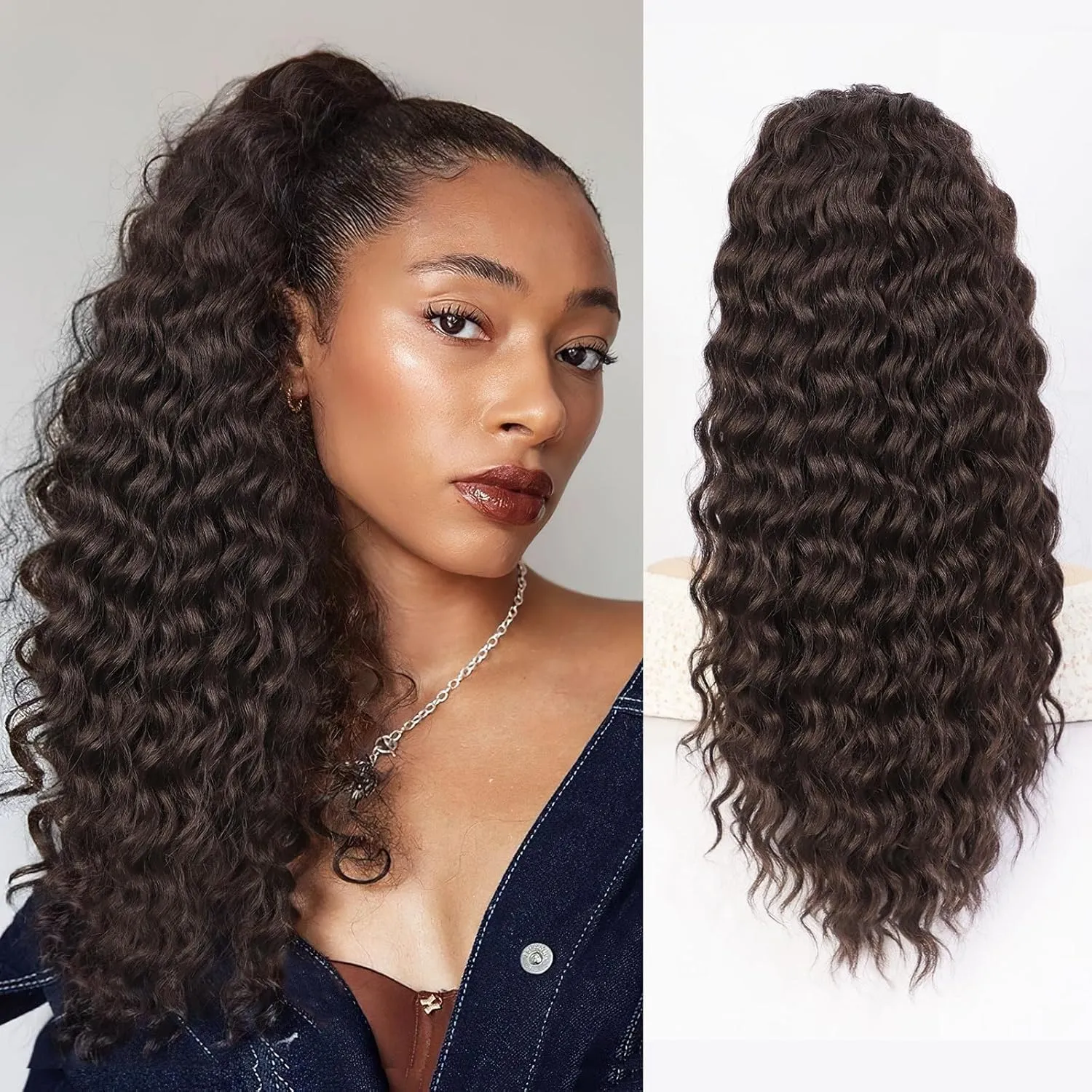 QGZ Ponytail Extension Drawstring Ponytail for Black Women 22 Inch Synthetic Long Curly Fluffy Pony Tails Hair Extensions for Daily Use(Reddish Brown)
