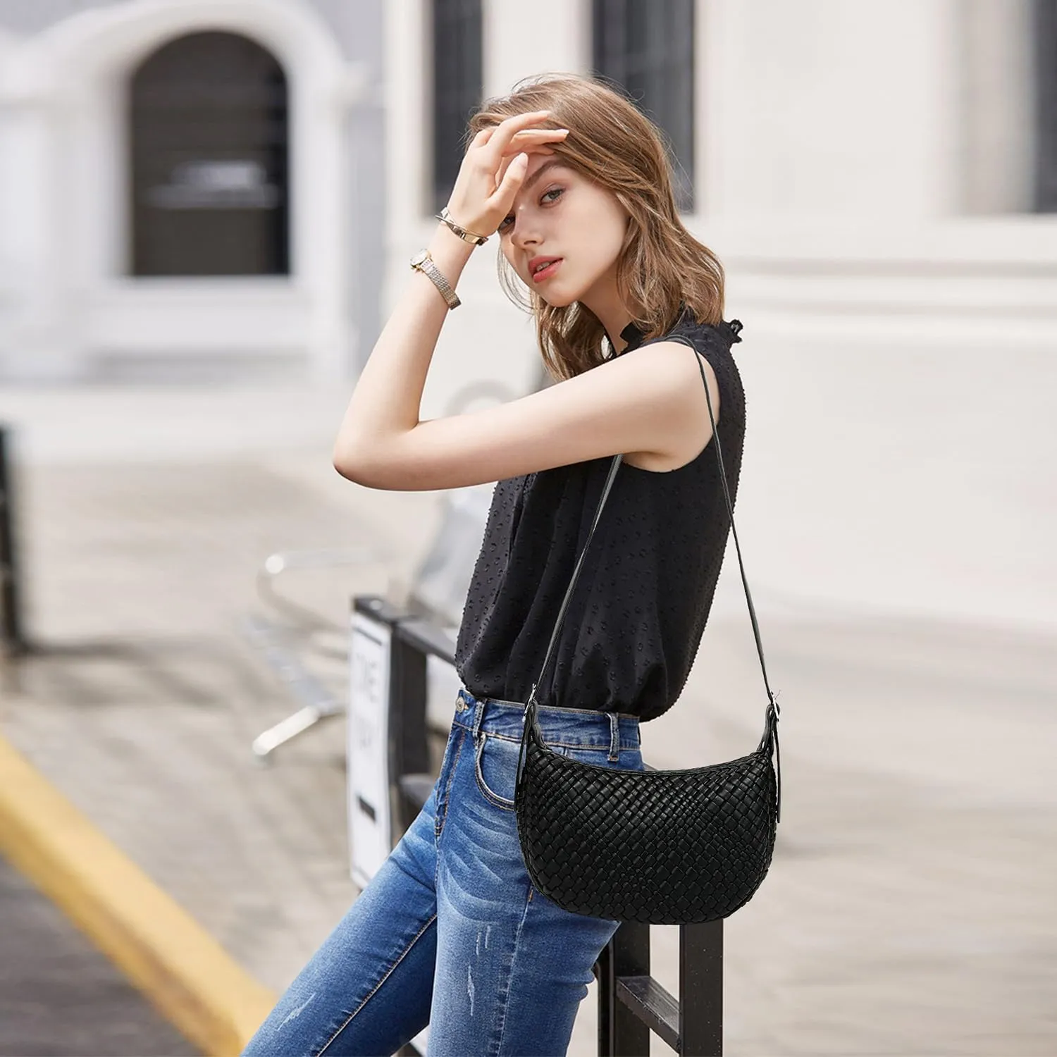 Queenoris Woven Crescent Sling Bags, Vegan Leather Small Shoulder Bag Crossbody Bag Trendy Hobo Purses with Adjustable Strap