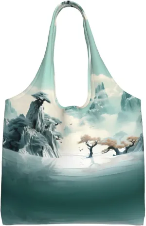 Quiet Landscape Printed Single Shoulder Commuter Canvas Bag, Grocery Shopping Bag, Daily Use Canvas Bag