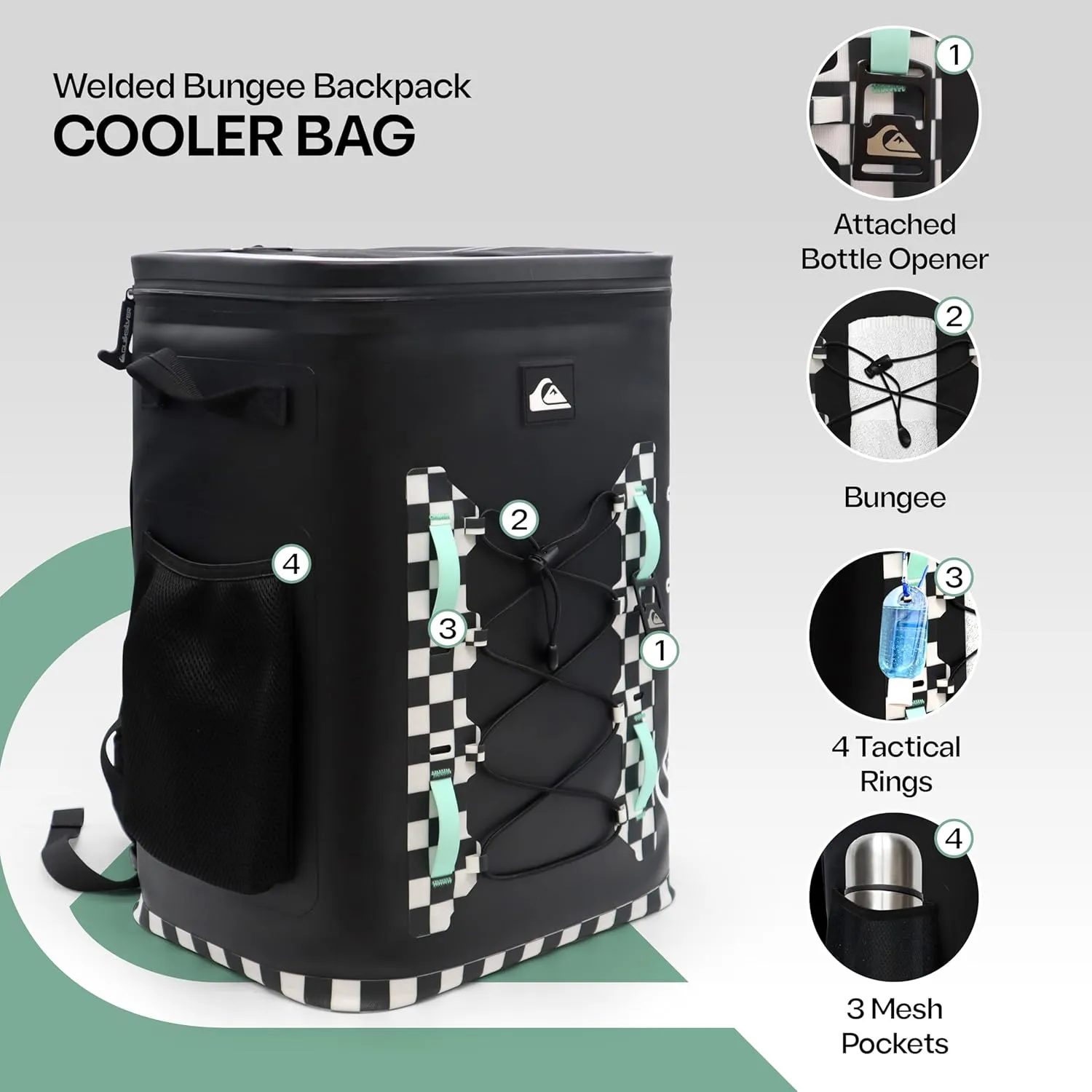 Quiksilver Welded Bungee Backpack Cooler, 30L/36 Cans, 48-72 Hours Insulation, Leakproof & Waterproof IPX7 Rated, Heavy-Duty 600D TPU, Adjustable Straps, Tactical Rings & Mesh Pockets