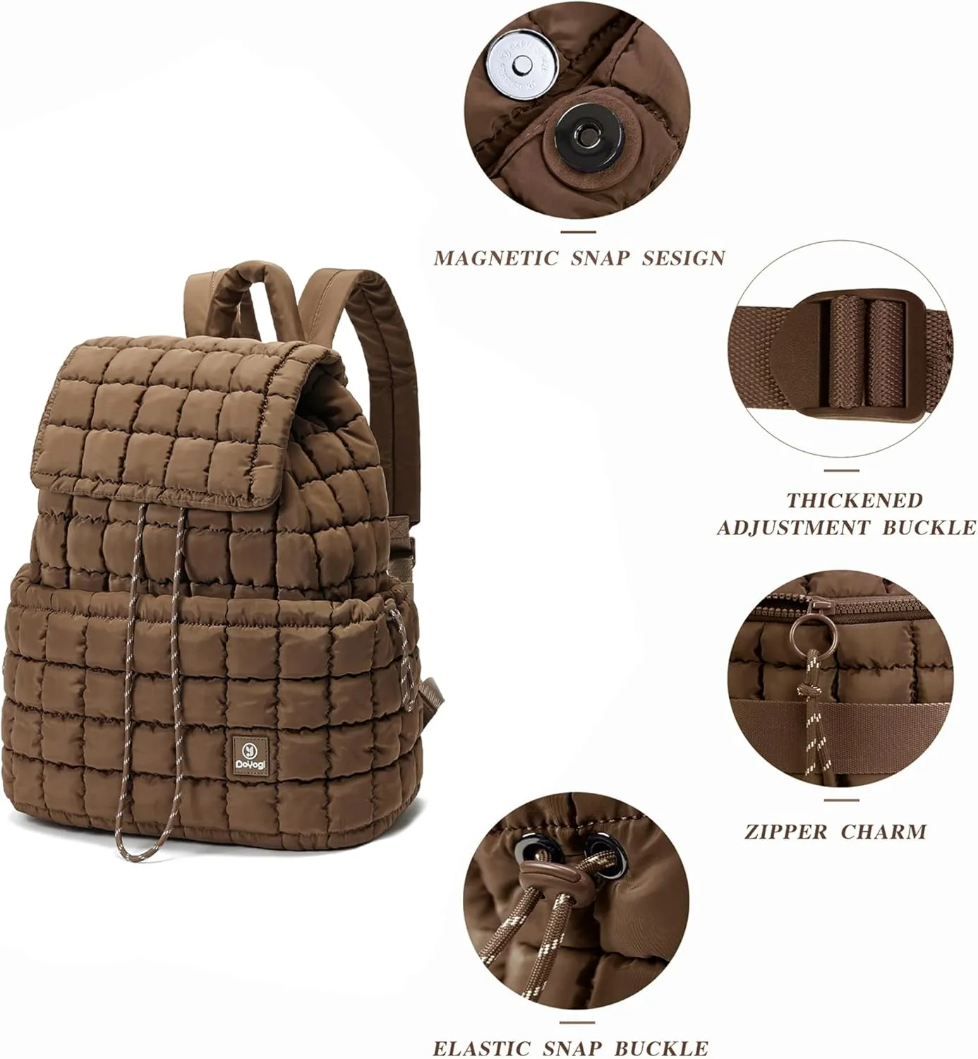Quilted Backpack for Women, Lightweight Travel Gym Bag, Hiker Pack Drawstring Padding Backpacks, Puffer Travel Bag for Casual Daypack(Brown)