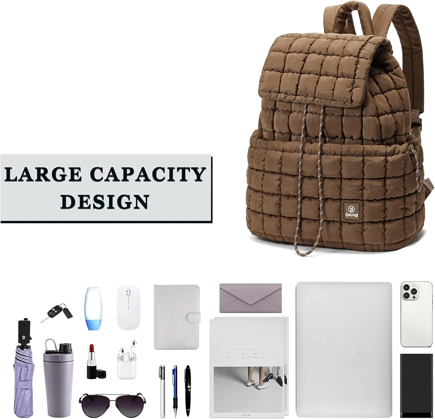 Quilted Backpack for Women, Lightweight Travel Gym Bag, Hiker Pack Drawstring Padding Backpacks, Puffer Travel Bag for Casual Daypack(Brown)