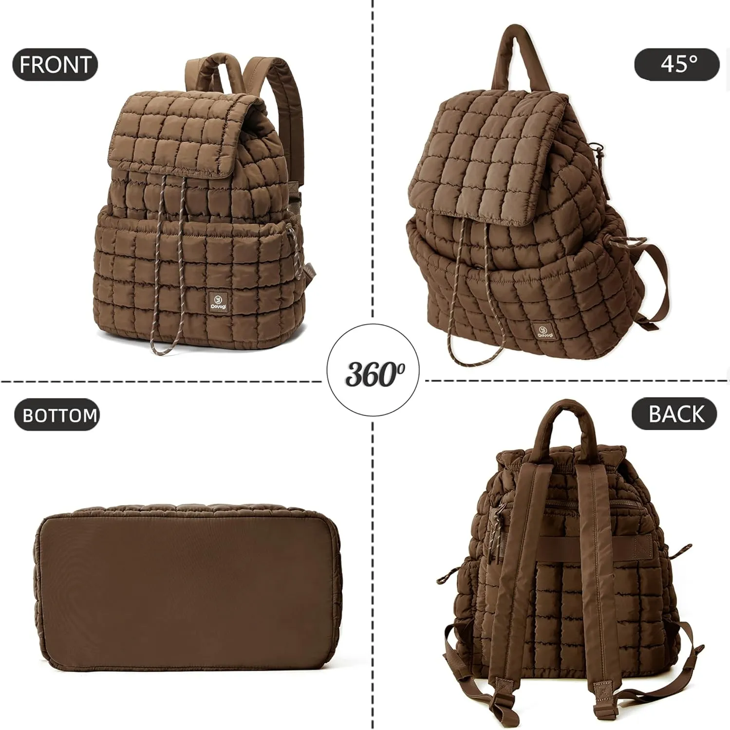 Quilted Backpack for Women, Lightweight Travel Gym Bag, Hiker Pack Drawstring Padding Backpacks, Puffer Travel Bag for Casual Daypack(Brown)