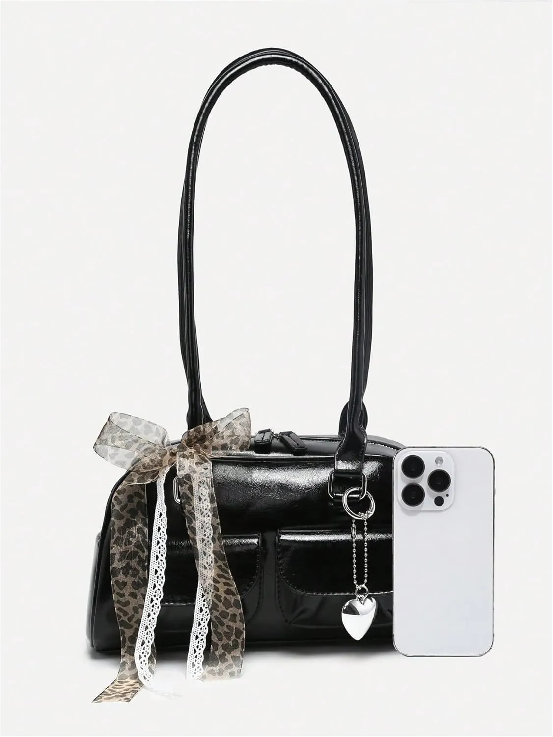 QWINEE Women's Y2K Leopard Print Bow Lace Shoulder Bag Zipper Double Handle Underarm Purse Retro Trendy Purses
