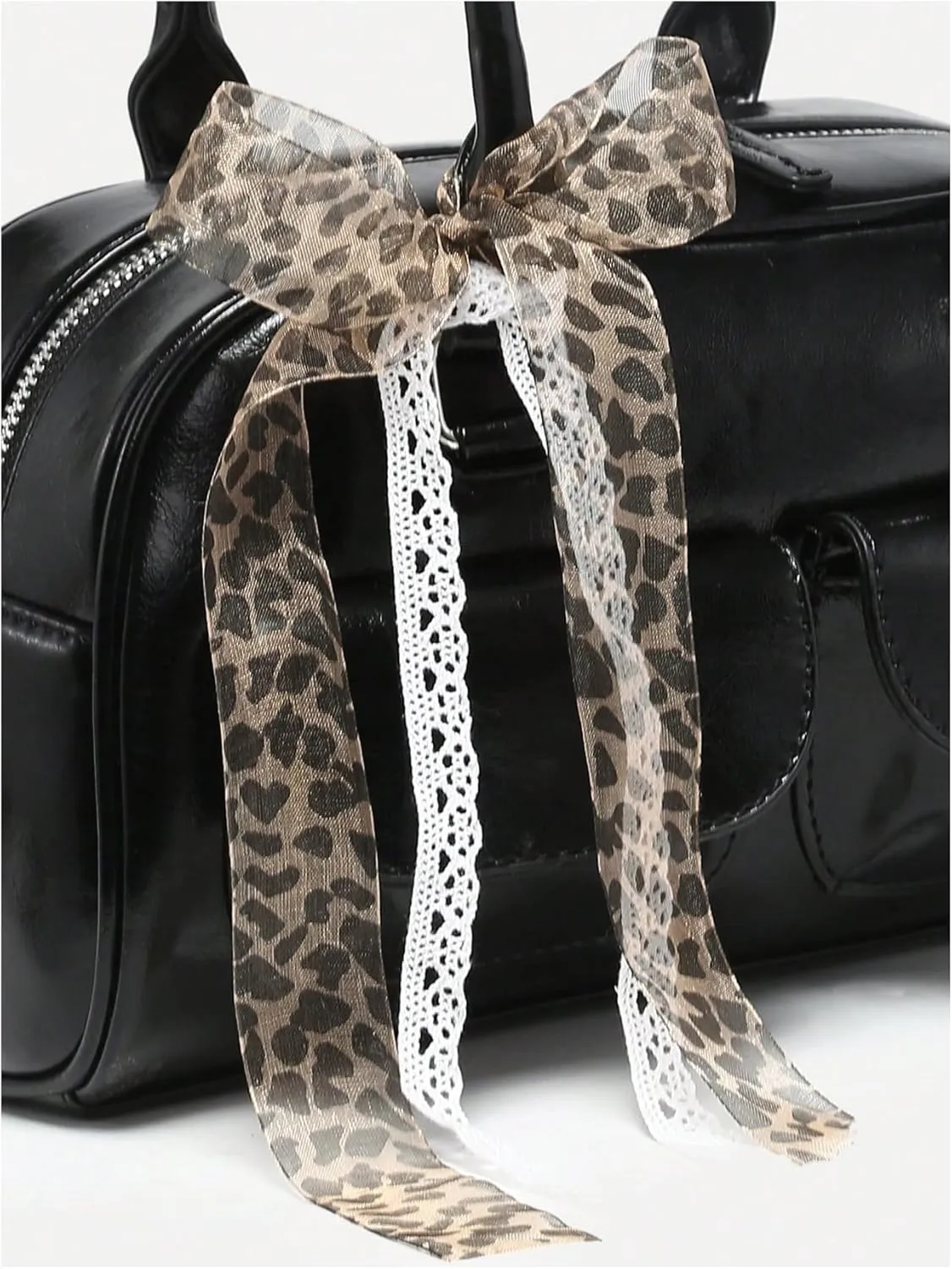 QWINEE Women's Y2K Leopard Print Bow Lace Shoulder Bag Zipper Double Handle Underarm Purse Retro Trendy Purses