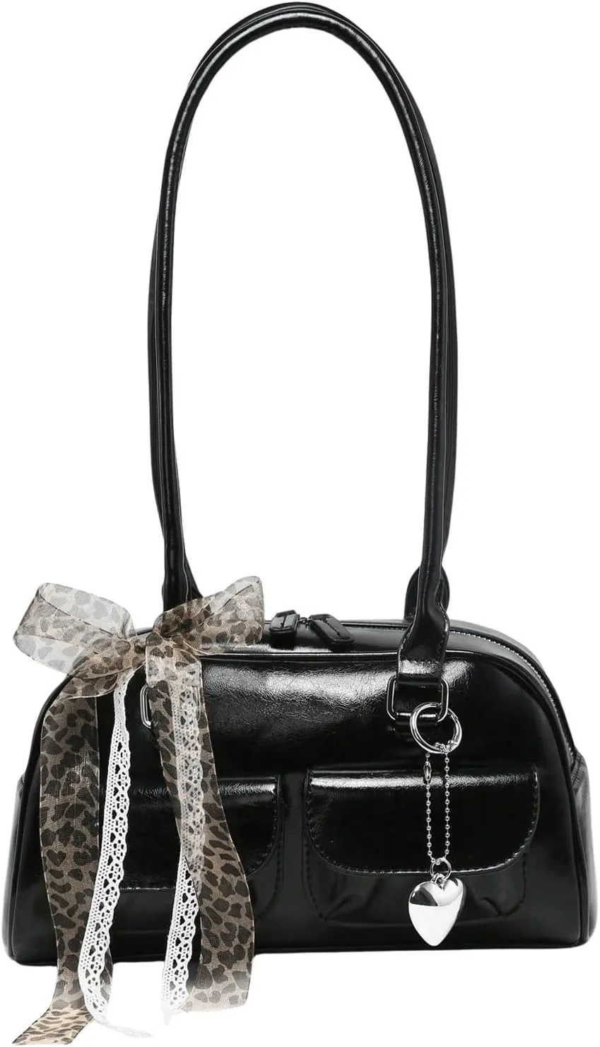 QWINEE Women's Y2K Leopard Print Bow Lace Shoulder Bag Zipper Double Handle Underarm Purse Retro Trendy Purses