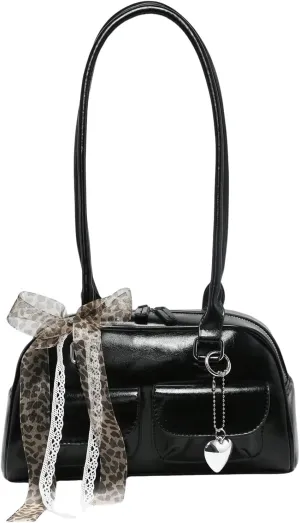 QWINEE Women's Y2K Leopard Print Bow Lace Shoulder Bag Zipper Double Handle Underarm Purse Retro Trendy Purses