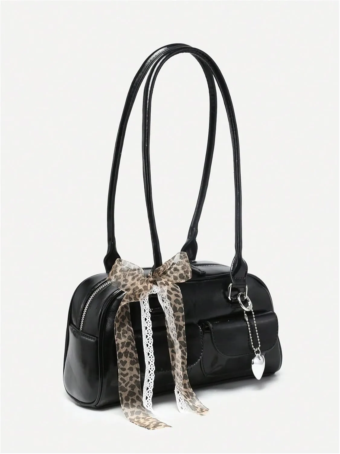 QWINEE Women's Y2K Leopard Print Bow Lace Shoulder Bag Zipper Double Handle Underarm Purse Retro Trendy Purses