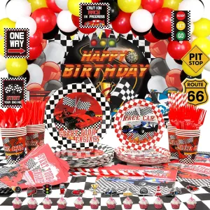 Race Car Birthday Party Decorations - Happy Birthday Racing Car Backdrop, Balloons, Tableware, Car Party Signs, Tableclothfor Kids Boys Let's Go Racing Party, Checkered Party Supplies, Serves 20