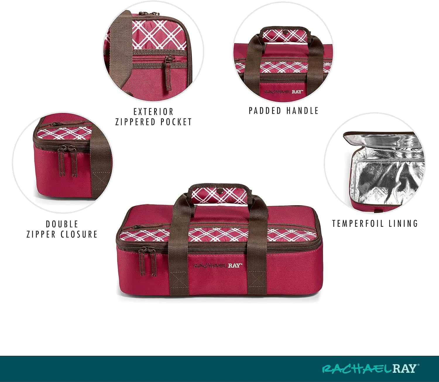 Rachael Ray Lasagna Lugger, Thermal Insulated Casserole Carrier for Hot or Cold Food, Lugger Tote for Pockluck, Parties, Picnic, and Cookouts, Fits 9" x 13" Baking Dish, Burgundy