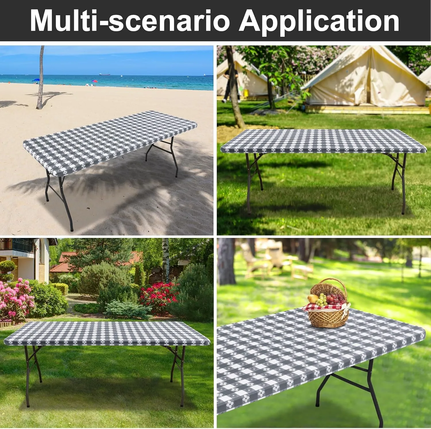 Rectangle Vinyl Table Cloth, Waterproof Elastic Fitted Tablecloth with Flannel Backing, Plastic Table Cover for Picnic, Camping, Outdoor (Grey & White, 30"x72")