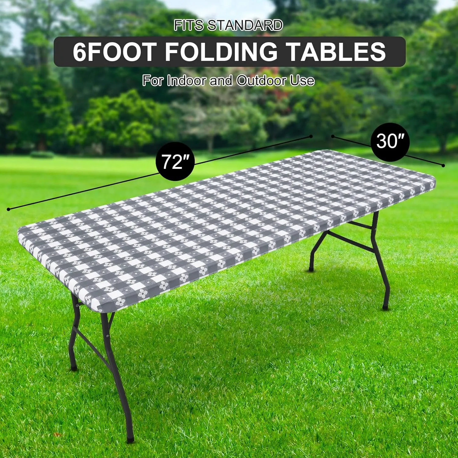Rectangle Vinyl Table Cloth, Waterproof Elastic Fitted Tablecloth with Flannel Backing, Plastic Table Cover for Picnic, Camping, Outdoor (Grey & White, 30"x72")