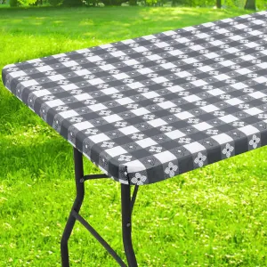 Rectangle Vinyl Table Cloth, Waterproof Elastic Fitted Tablecloth with Flannel Backing, Plastic Table Cover for Picnic, Camping, Outdoor (Grey & White, 30"x72")