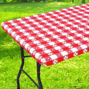 Rectangle Vinyl Table Cloth, Waterproof Elastic Fitted Tablecloth with Flannel Backing, Plastic Table Cover for Picnic, Camping, Outdoor (Red & White, 30"x72")