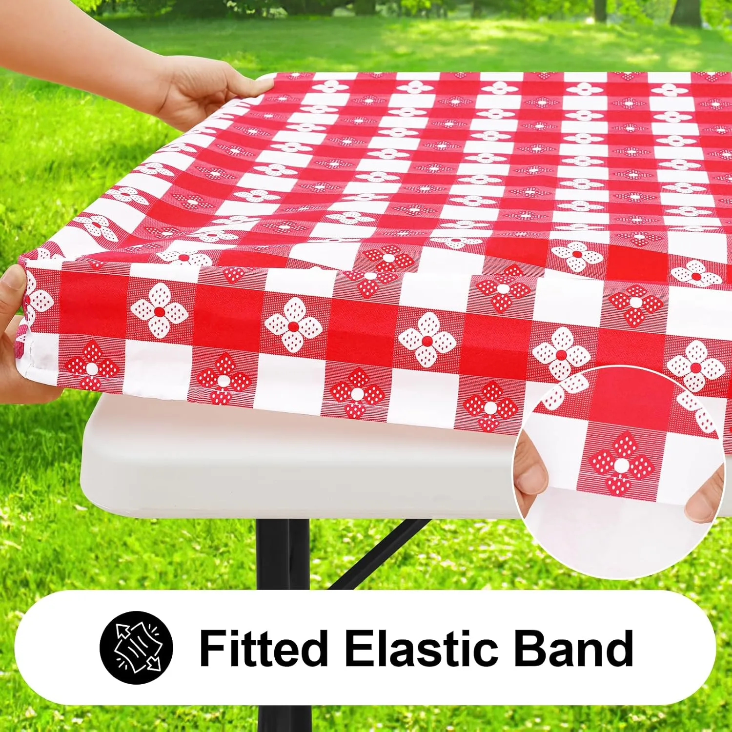 Rectangle Vinyl Table Cloth, Waterproof Elastic Fitted Tablecloth with Flannel Backing, Plastic Table Cover for Picnic, Camping, Outdoor (Red & White, 30"x72")