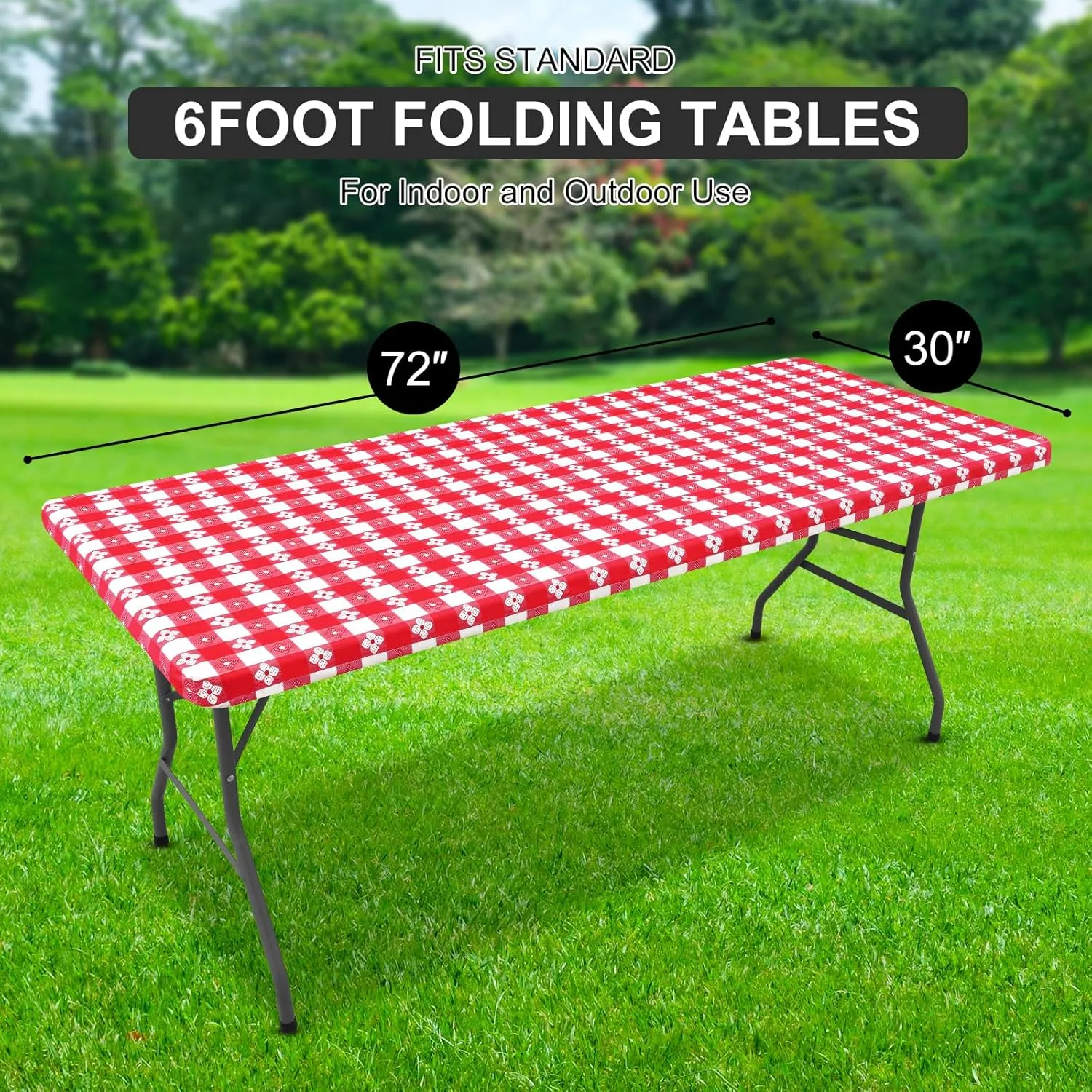 Rectangle Vinyl Table Cloth, Waterproof Elastic Fitted Tablecloth with Flannel Backing, Plastic Table Cover for Picnic, Camping, Outdoor (Red & White, 30"x72")