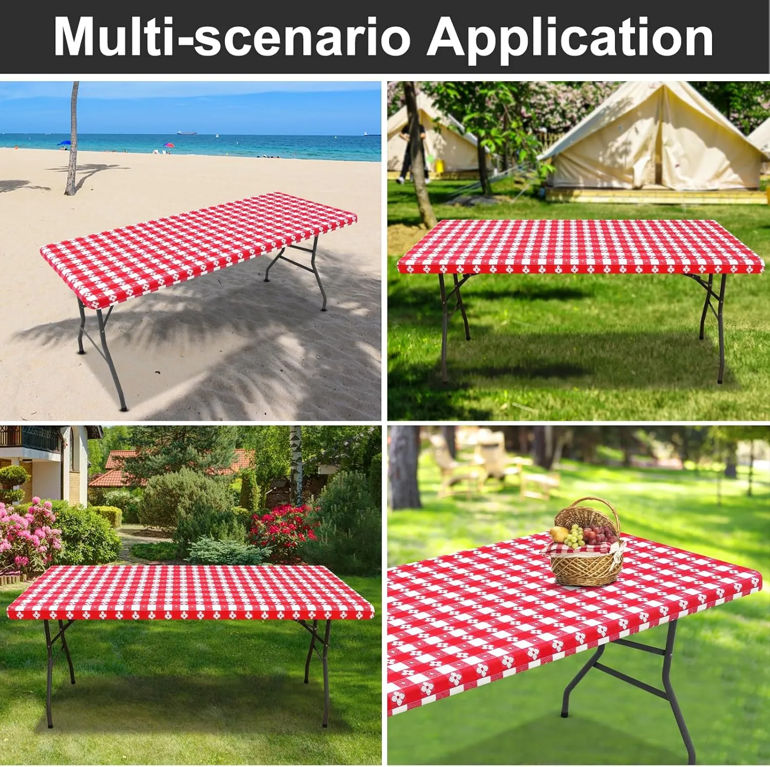 Rectangle Vinyl Table Cloth, Waterproof Elastic Fitted Tablecloth with Flannel Backing, Plastic Table Cover for Picnic, Camping, Outdoor (Red & White, 30"x72")