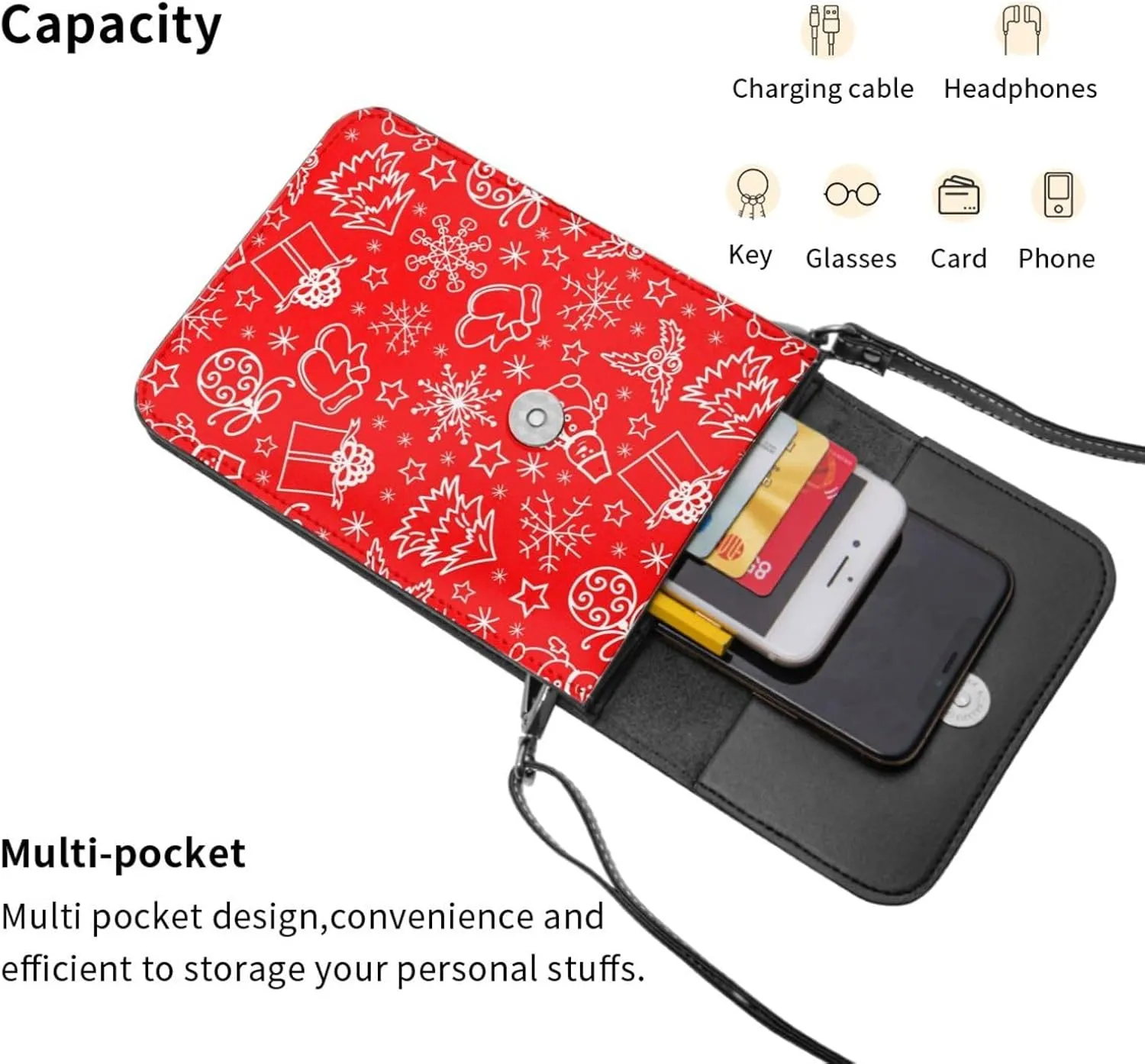 Red Christmas with Snowmen Snowflake Cell Phone Purse Crossbody Bag For Women Men Wallet Purses With Adjustable Strap