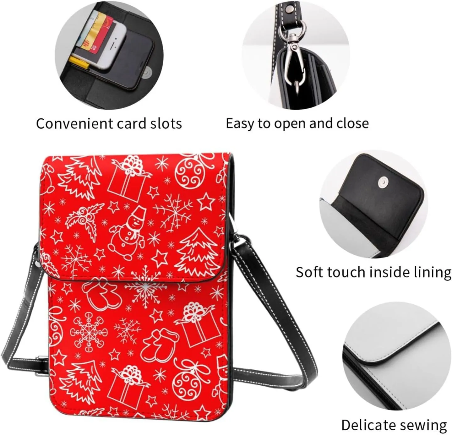 Red Christmas with Snowmen Snowflake Cell Phone Purse Crossbody Bag For Women Men Wallet Purses With Adjustable Strap