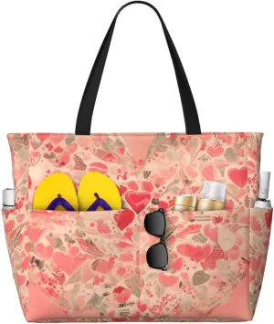 Red Heart Flowers Print 28L Beach Tote Bag, Water-resistant Travel Tote, Lightweight Gym & Camping Carryall