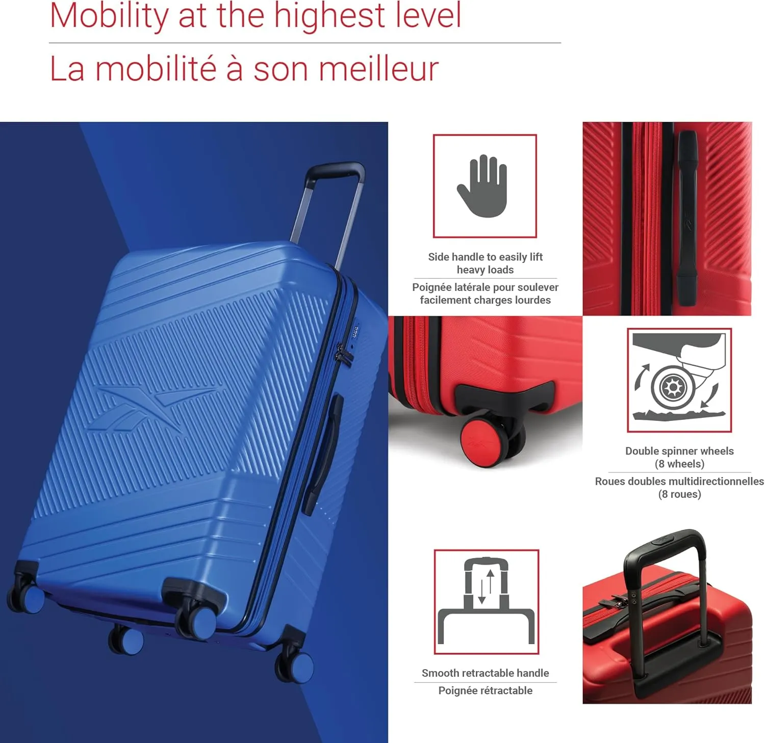 Reebok Go Collection 20 Inch Hard Shell Spinner Carry On Luggage for Airplanes, ABS/PC Hardside Suitcase with 360-Degree Spinner Wheels, Retractable Handle, Airline Approved, Red