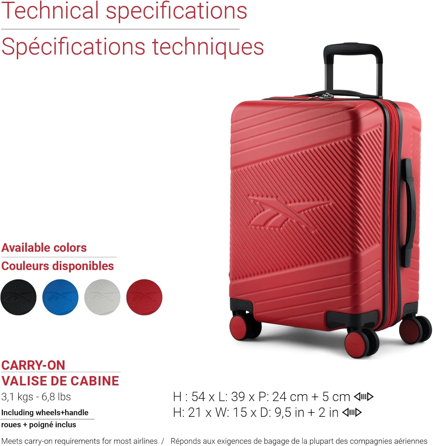 Reebok Go Collection 20 Inch Hard Shell Spinner Carry On Luggage for Airplanes, ABS/PC Hardside Suitcase with 360-Degree Spinner Wheels, Retractable Handle, Airline Approved, Red