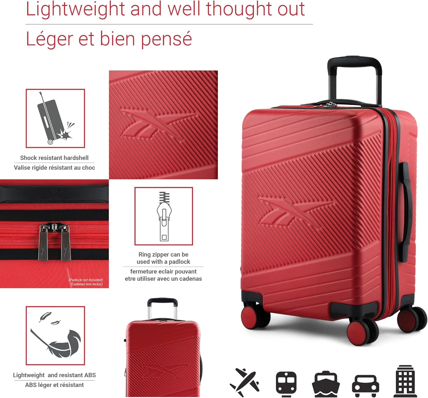 Reebok Go Collection 20 Inch Hard Shell Spinner Carry On Luggage for Airplanes, ABS/PC Hardside Suitcase with 360-Degree Spinner Wheels, Retractable Handle, Airline Approved, Red
