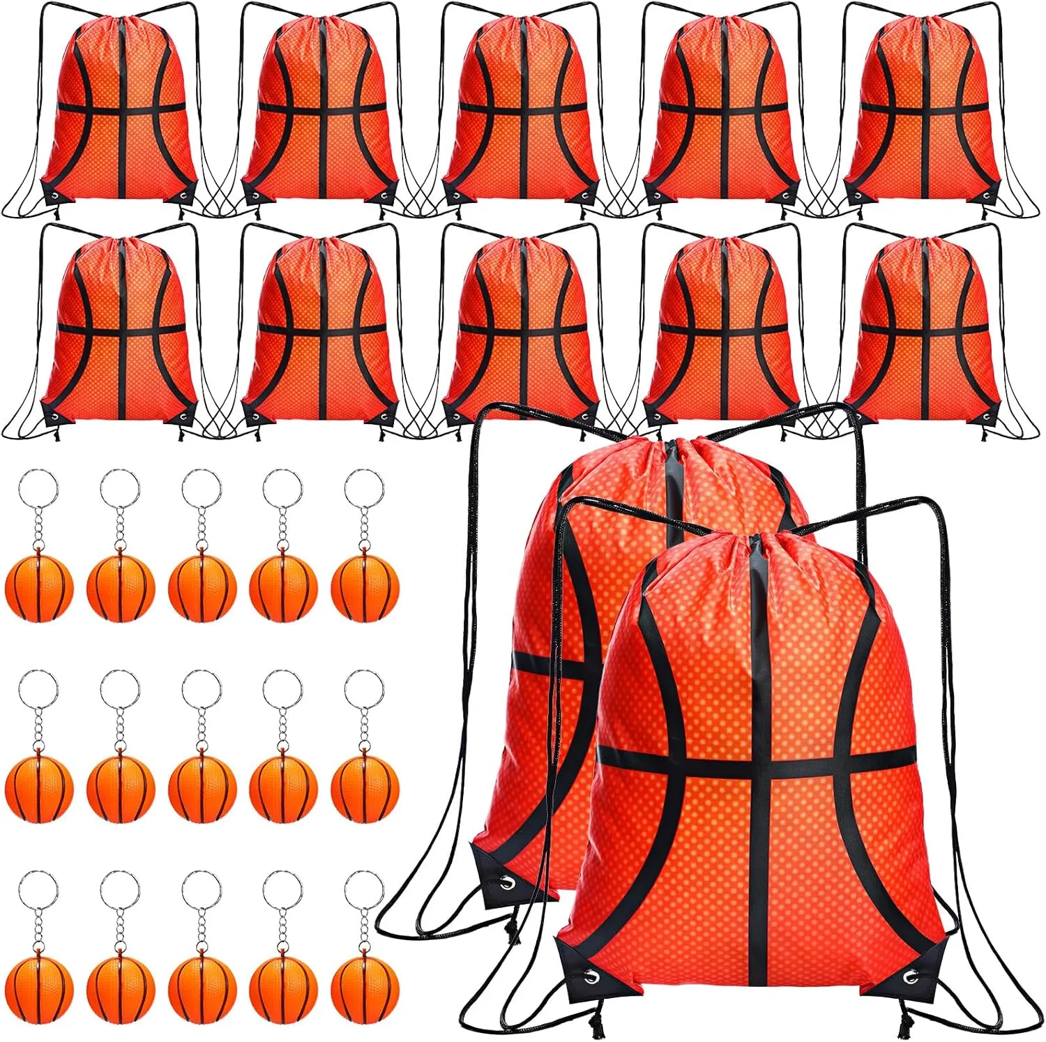 Reginary 24 Pcs Basketball Party Favors 12 Basketball Drawstring Bags 12 Keychains Inspirational Cinch Backpacks Team Gift for Sports Birthday Party Supplies