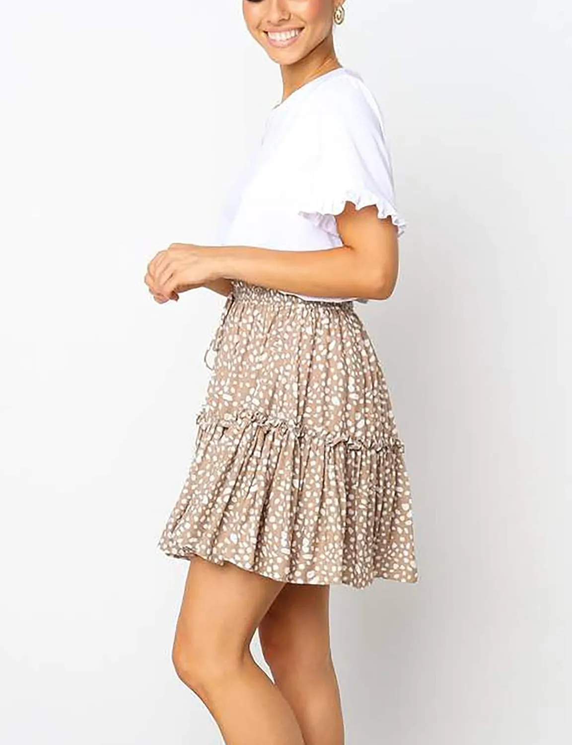 Relipop Women's Flared Short Skirt Polka Dot Pleated Mini Skater Skirt with Drawstring
