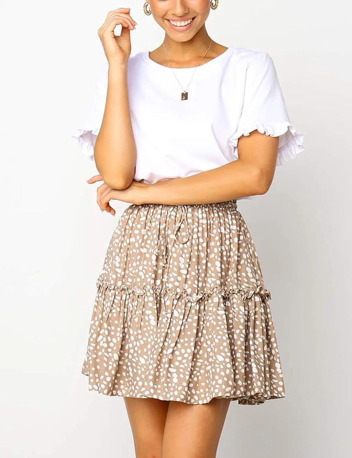 Relipop Women's Flared Short Skirt Polka Dot Pleated Mini Skater Skirt with Drawstring