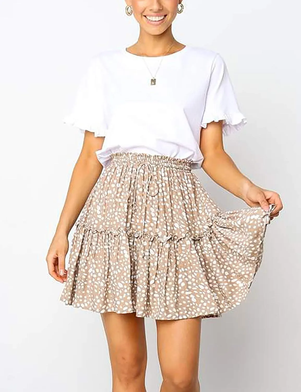 Relipop Women's Flared Short Skirt Polka Dot Pleated Mini Skater Skirt with Drawstring