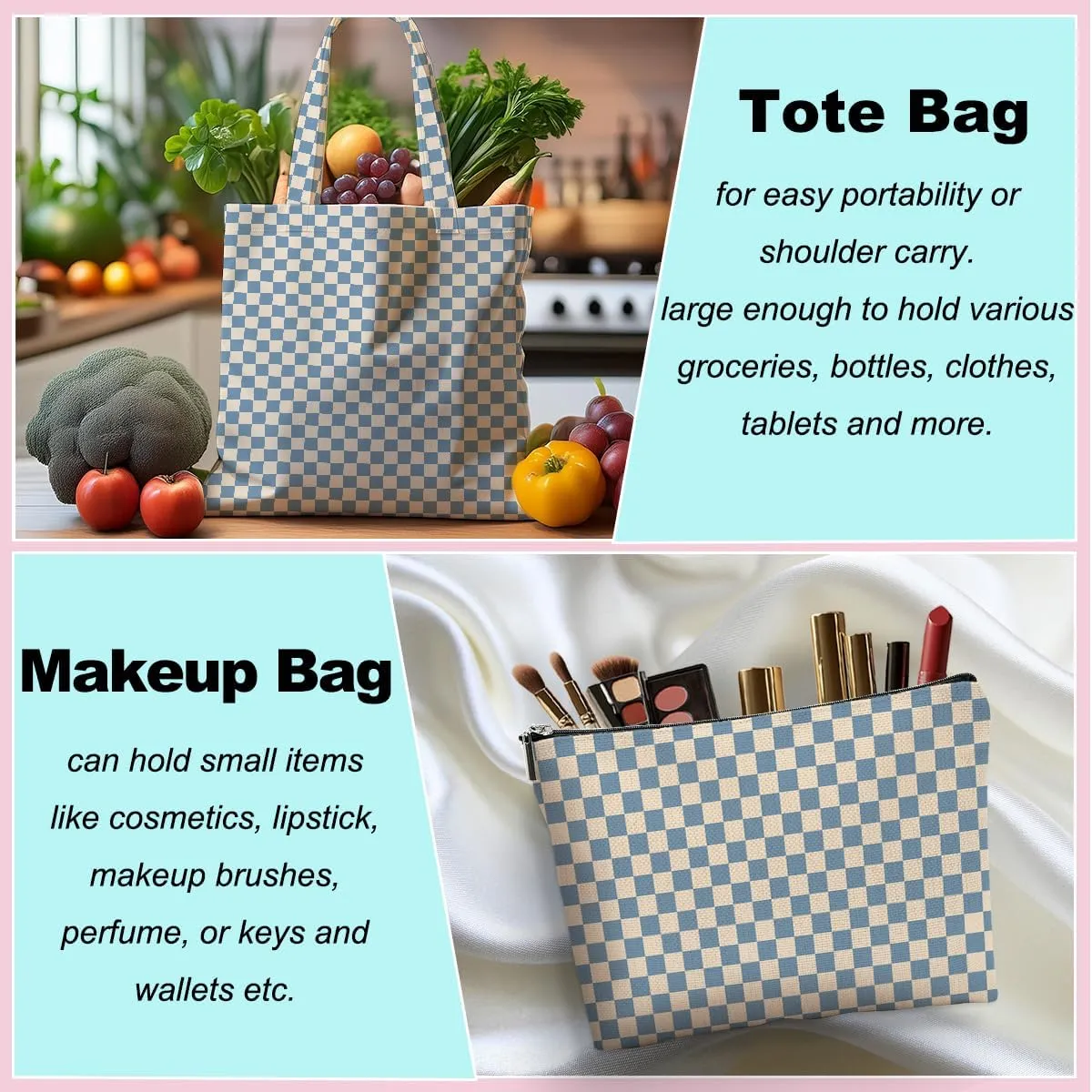 Retro Checkered Christmas Birthday Canvas Tote Bag Shopping Grocery Bag with Pocket & Makeup Bag for Women Girls