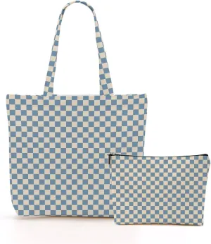 Retro Checkered Christmas Birthday Canvas Tote Bag Shopping Grocery Bag with Pocket & Makeup Bag for Women Girls