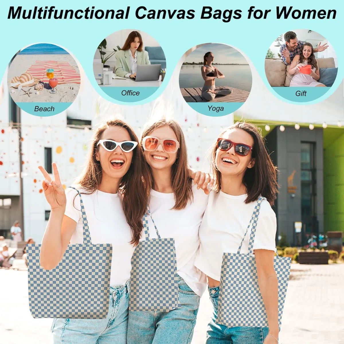 Retro Checkered Christmas Birthday Canvas Tote Bag Shopping Grocery Bag with Pocket & Makeup Bag for Women Girls