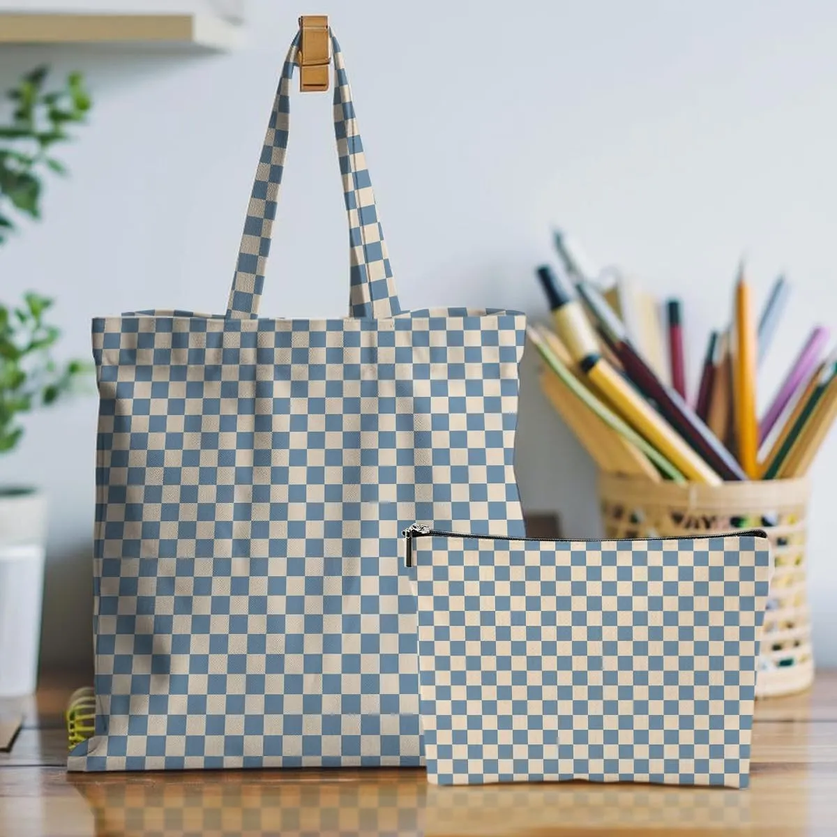 Retro Checkered Christmas Birthday Canvas Tote Bag Shopping Grocery Bag with Pocket & Makeup Bag for Women Girls