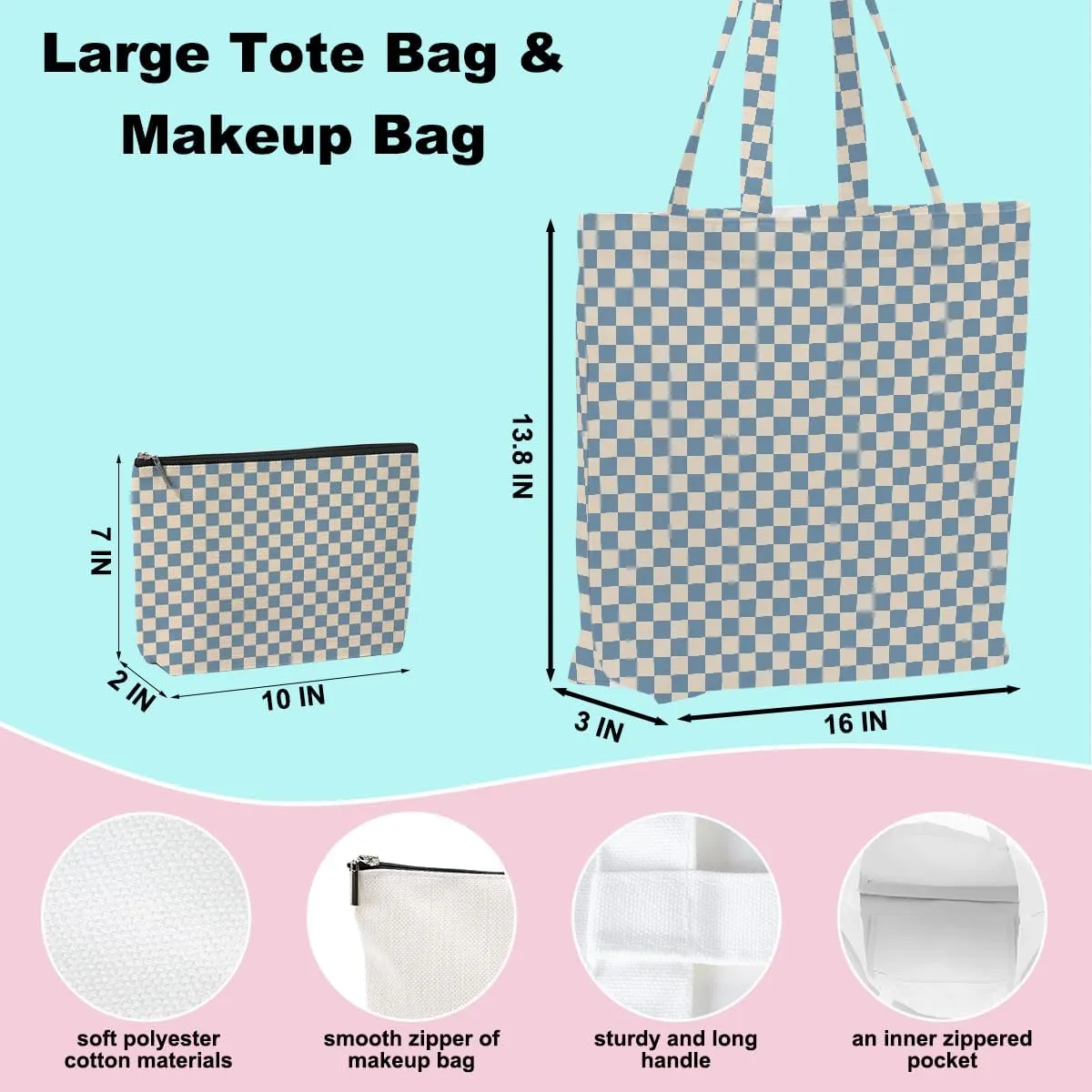 Retro Checkered Christmas Birthday Canvas Tote Bag Shopping Grocery Bag with Pocket & Makeup Bag for Women Girls