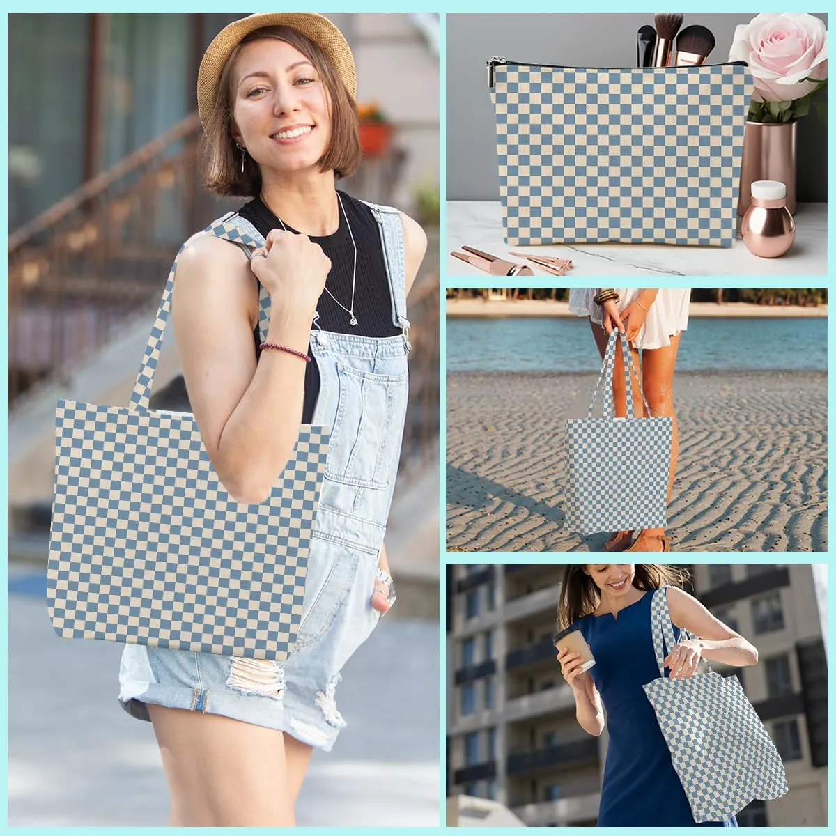 Retro Checkered Christmas Birthday Canvas Tote Bag Shopping Grocery Bag with Pocket & Makeup Bag for Women Girls
