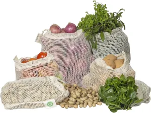 Reusable Cotton Mesh Produce Bags - 100% Organic Cotton, Durable, Double Stitched, Washable with Tare Weight & Drawstring - Mesh Bags for Grocery Shopping, Vegetables & Fruits | 6 Bags