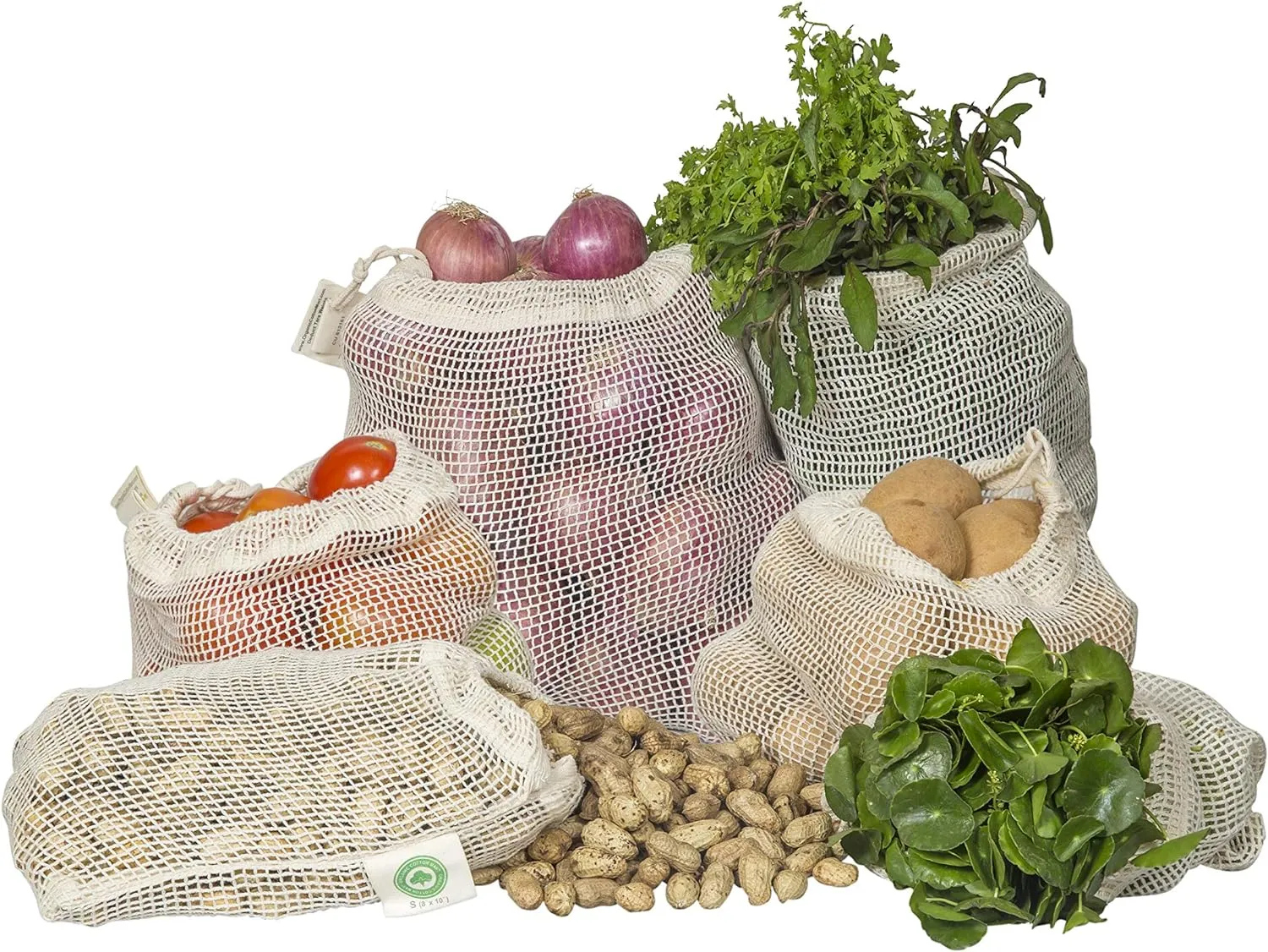 Reusable Cotton Mesh Produce Bags - 100% Organic Cotton, Durable, Double Stitched, Washable with Tare Weight & Drawstring - Mesh Bags for Grocery Shopping, Vegetables & Fruits | 6 Bags