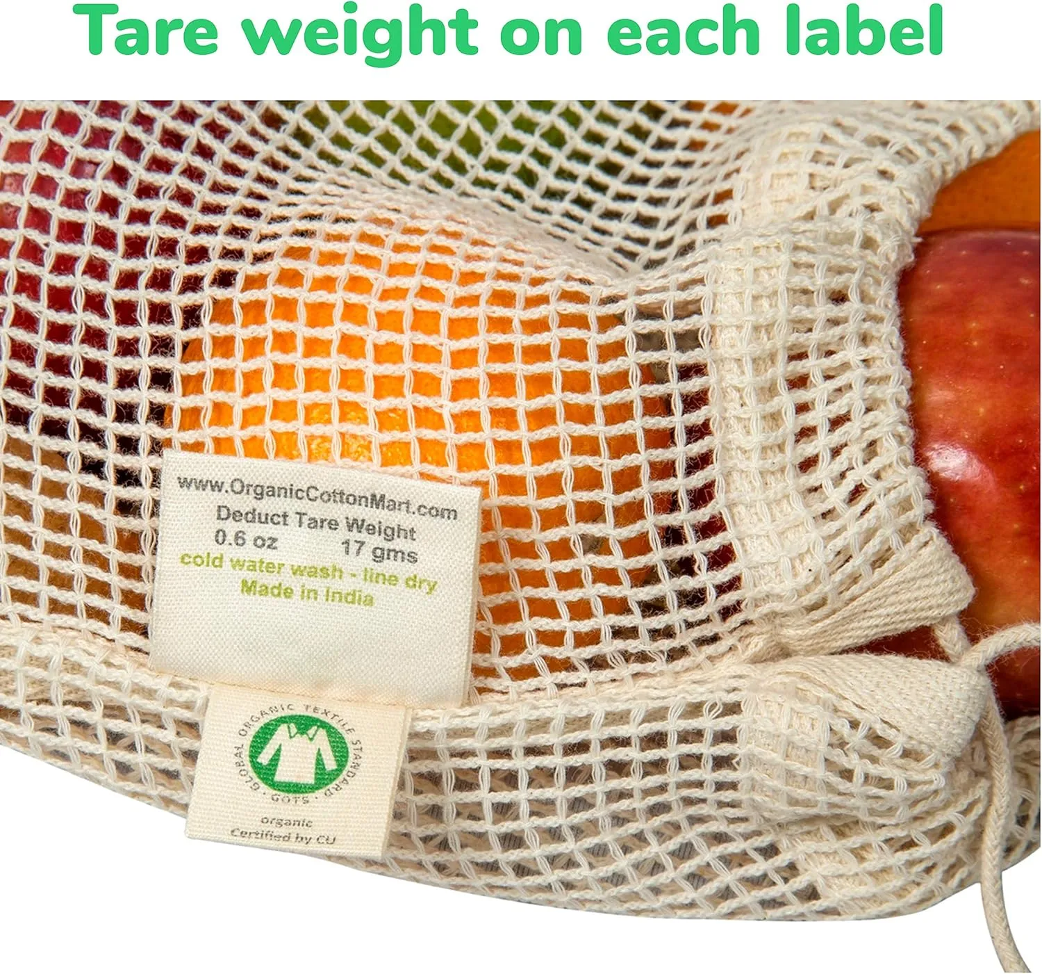 Reusable Cotton Mesh Produce Bags - 100% Organic Cotton, Durable, Double Stitched, Washable with Tare Weight & Drawstring - Mesh Bags for Grocery Shopping, Vegetables & Fruits | 6 Bags