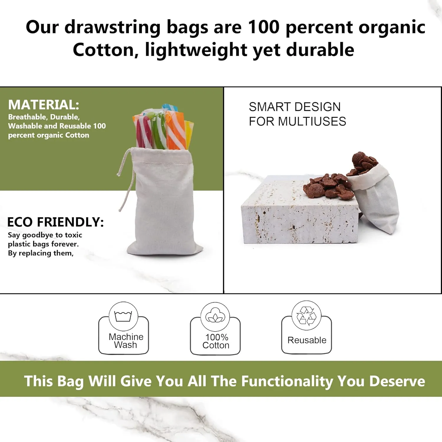 Reusable Eco friendly 12x18 inches Cotton Thick Single Drawstring Muslin Bags "premium quality" (Natural Color)- 25 count pack