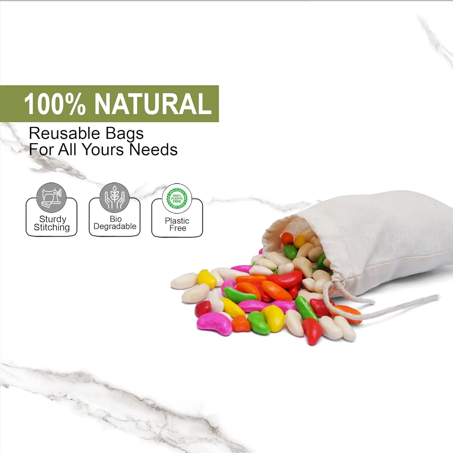 Reusable Eco friendly 12x18 inches Cotton Thick Single Drawstring Muslin Bags "premium quality" (Natural Color)- 25 count pack