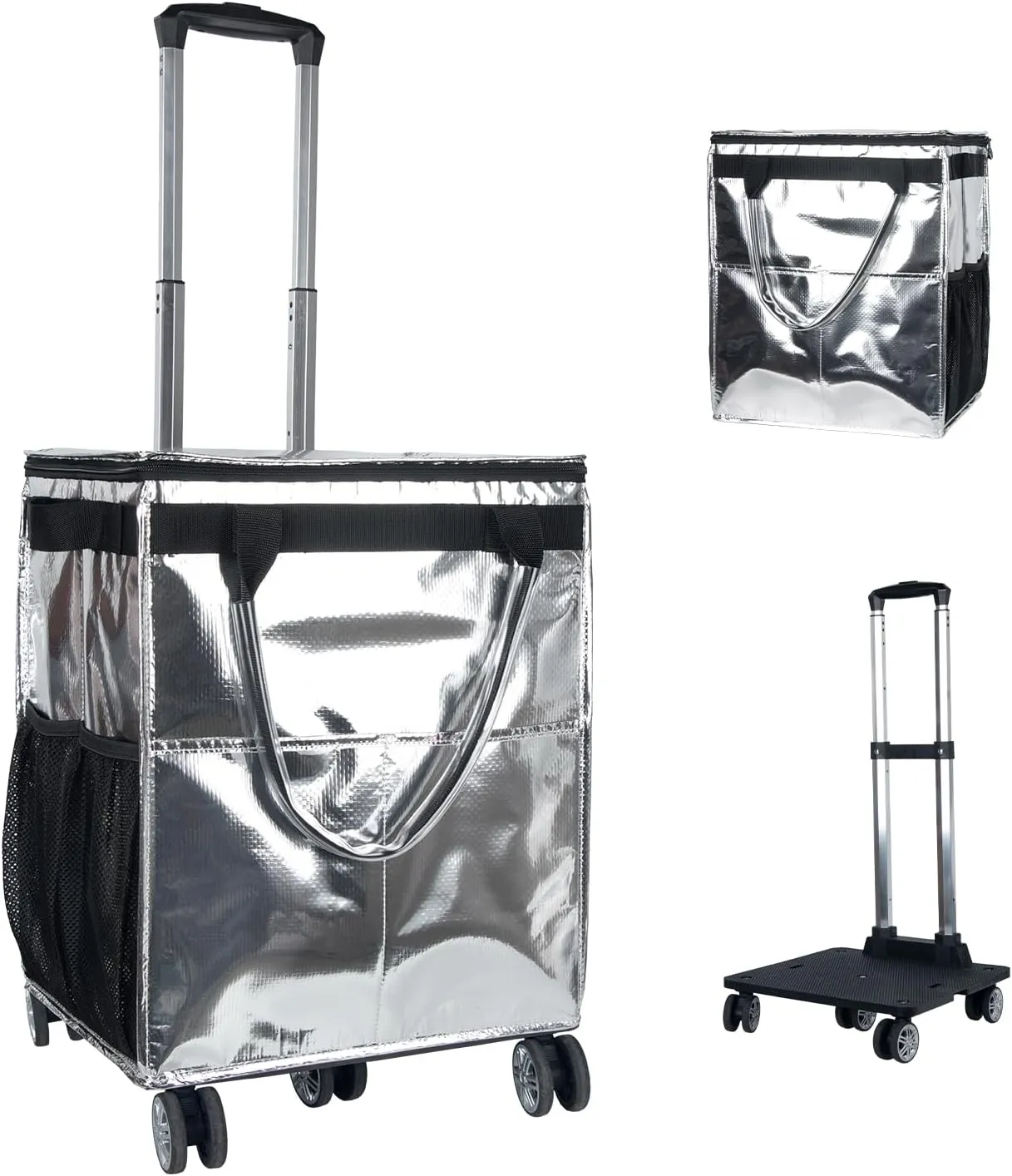 Reusable Grocery Bags on Wheels, Rolling Tote, 54L Portable Shopping Cart for Groceries with Wheels and Drawstring Bag, Trolley, Foldable, Silver