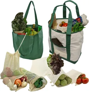 Reusable Grocery Shopping 8 Bag Gift or Starter Set, Washable, Durable, Organic Cotton, Natural with Green