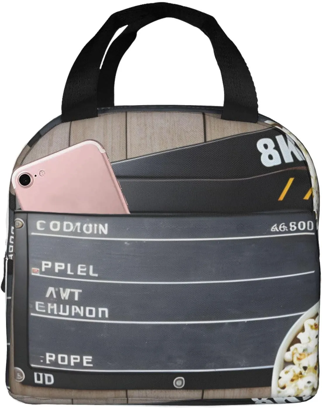 Reusable Insulated Lunch Bag Cooler Tote Box Meal Prep For Men & Women Work Picnic Or Travel,Cinema Movie Clapboard And Popcorn Print