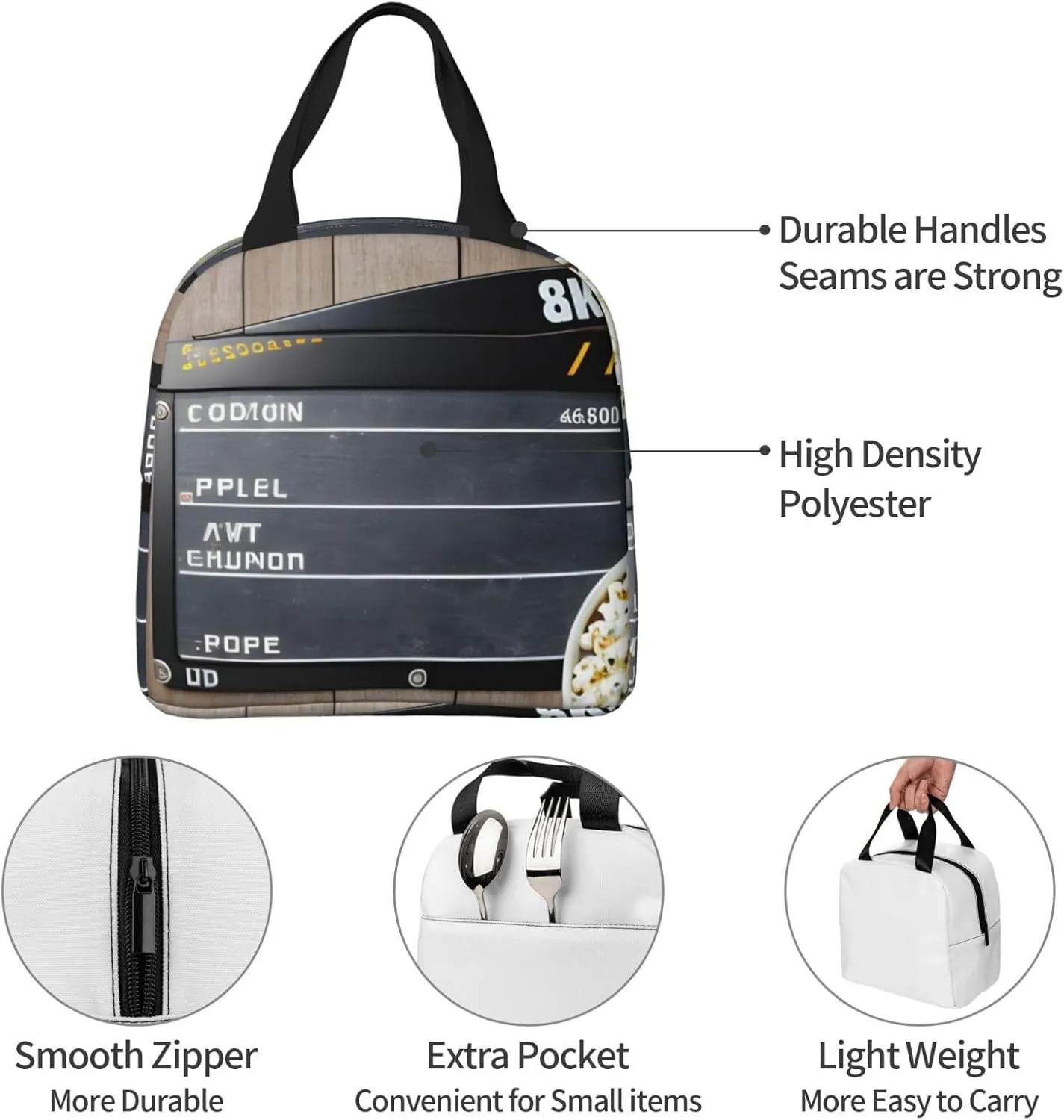 Reusable Insulated Lunch Bag Cooler Tote Box Meal Prep For Men & Women Work Picnic Or Travel,Cinema Movie Clapboard And Popcorn Print