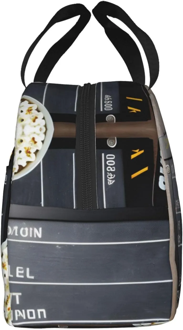 Reusable Insulated Lunch Bag Cooler Tote Box Meal Prep For Men & Women Work Picnic Or Travel,Cinema Movie Clapboard And Popcorn Print